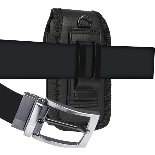 Flip Phone Case, Black Vegan Leather Vertical Pouch [with Belt Loop, Metal Clip, Magnetic Closure]