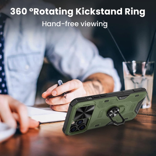 for iPhone 13 Pro Max Stand Case, iPhone 12 Pro Max Case with Slide Lens Cover, Built-in 360 Rotate Ring Stand