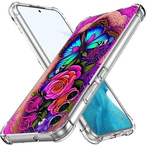 Galaxy S23 FE Case,Blue Butterfly Flowers Rose Drop Protection Shockproof Case TPU Full Body Protective