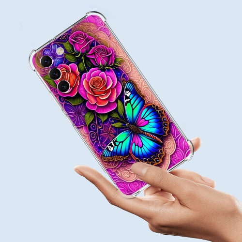 Galaxy S23 FE Case,Blue Butterfly Flowers Rose Drop Protection Shockproof Case TPU Full Body Protective
