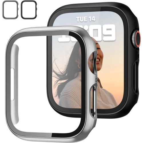 Ensemble de 2 étuis avec protecteur d'écran en verre trempé pour Apple Watch Series 7 41&nbsp;mm, protecteur mince, couverture complète rigide