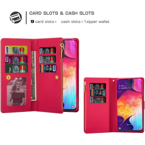 Phone Case for Samsung Galaxy A50 A50S A30S Wallet Cover with Tempered Glass Screen Protector and Wrist Strap Bling