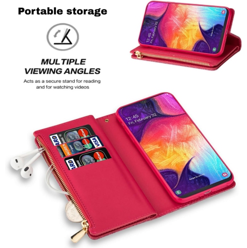 Phone Case for Samsung Galaxy A50 A50S A30S Wallet Cover with Tempered Glass Screen Protector and Wrist Strap Bling