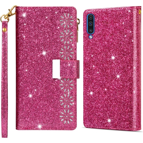 Phone Case for Samsung Galaxy A50 A50S A30S Wallet Cover with Tempered Glass Screen Protector and Wrist Strap Bling