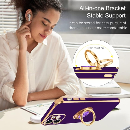 iPhone 12 Case, Case iPhone 12 Ring Holder Edge Plating Rotation Kickstand Soft Silicone TPU Bumper Women