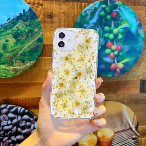 Conçu pour la mini étui à fleurs pressées iPhone 12, le joli accessoire brillant transparent scintillant avec conception en polyuréthane