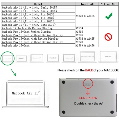- Air 11-inch 2 in 1 Soft-Touch Hard Case Cover and Keyboard Cover for Macbook Air 11.6" Models: A1370 / A1465 -