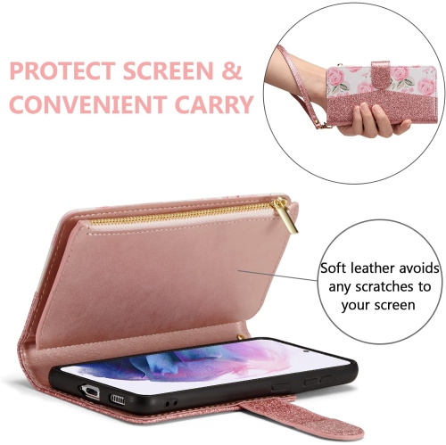 Wallet Case for Samsung Galaxy S21 5G, Glitter PU Leather Magnetic Handbag Zipper Pocket Case Kickstand Card