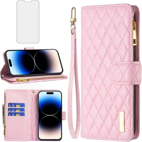 UNKNOWN  Phone Case for Iphone 14 Pro Max 6.7 Inch Wallet Cover With Tempered Glass Screen Protector Flip Card Holder