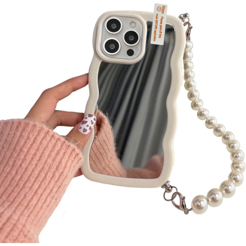 Compatible for iPhone 14 Pro Case Cute Makeup Mirror Curly Wave Frame Soft Shockproof Case with Pearl Wrist