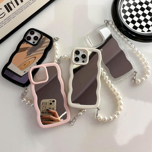 Compatible for iPhone 14 Pro Case Cute Makeup Mirror Curly Wave Frame Soft Shockproof Case with Pearl Wrist