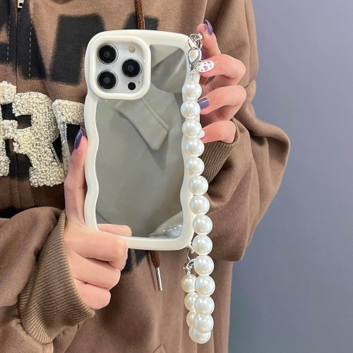 Compatible for iPhone 14 Pro Case Cute Makeup Mirror Curly Wave Frame Soft Shockproof Case with Pearl Wrist