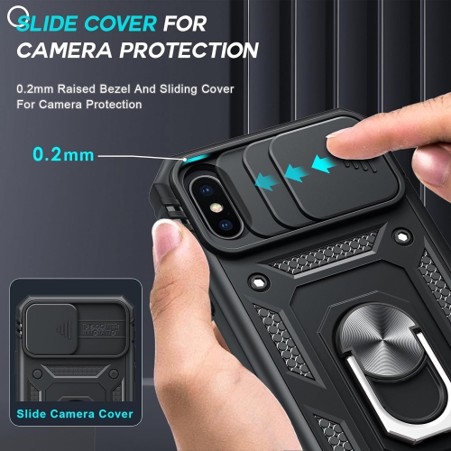 for iPhone Xs Case: iPhone X Case with Slide Camera Cover + [2 Packs] Tempered Glass Screen Protector, Ring Holder