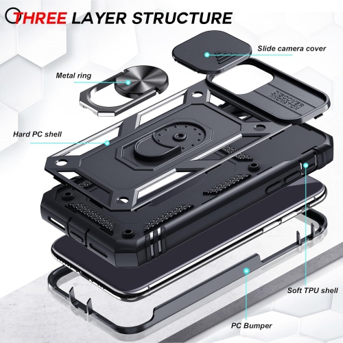for iPhone Xs Case: iPhone X Case with Slide Camera Cover + [2 Packs] Tempered Glass Screen Protector, Ring Holder