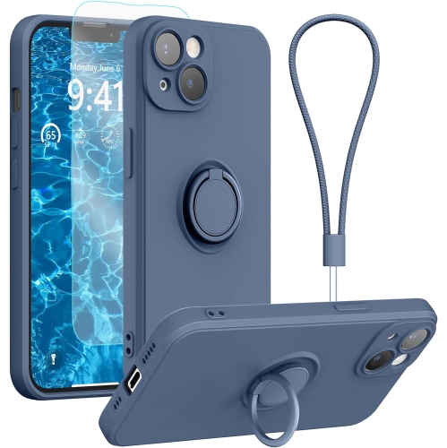 Étui en silicone pour iPhone 14 plus avec protecteur d'écran [support à anneau] [dragonne] [microfibre