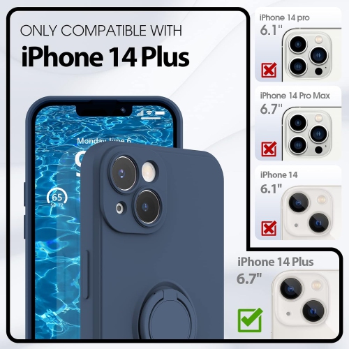 Étui en silicone pour iPhone 14 plus avec protecteur d'écran [support à anneau] [dragonne] [microfibre