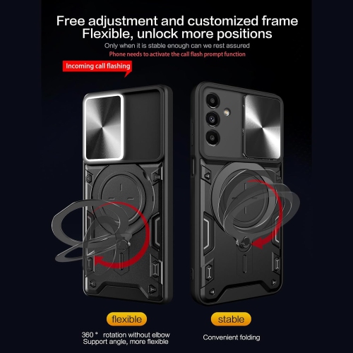 Armor Case for Samsung Galaxy A14 4G 6.6", Lens Sliding Phone Cover with Magnetic Coil Bracket for Samsung