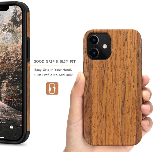 Compatible avec les mini étuis à prise facile 12 de iPhone avec étui hybride mince au fini grain de bois