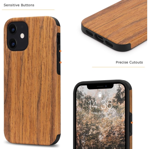 Compatible avec les mini étuis à prise facile 12 de iPhone avec étui hybride mince au fini grain de bois