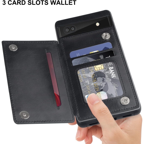 Étui-portefeuille en cuir pour Pixel 6&nbsp;A de Google avec porte-carte, béquille rabat avec fentes pour cartes double fermoir magnétique