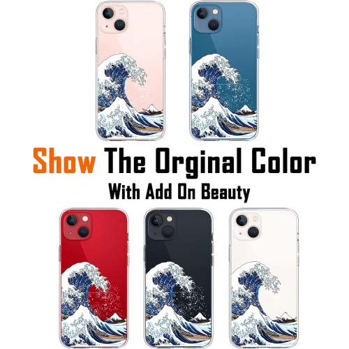 iPhone 13 Case, iPhone 13 Cute Case with Flowers, for Girls Woman, Clear Floral Design Ocean Sea Japanese Wave