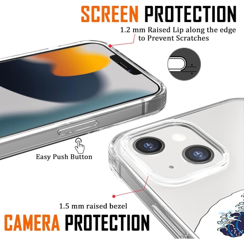 iPhone 13 Case, iPhone 13 Cute Case with Flowers, for Girls Woman, Clear Floral Design Ocean Sea Japanese Wave