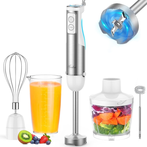 MOOKA 1100W 5-in-1 12-Speed Hand Stick Immersion Blender with 600ml Beaker, White