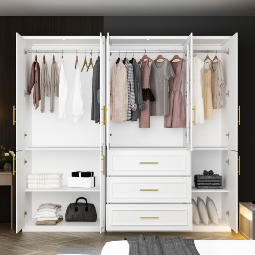 Famapy Large Wardrobe with Adjustable Shelves, Dual Hanging Rods, and Multiple Drawers for Comprehensive Storage White
