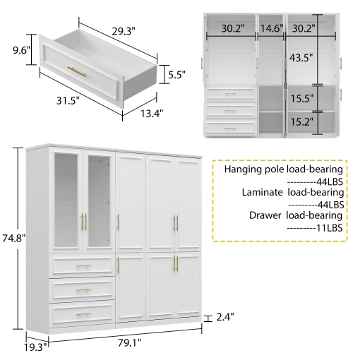 Famapy Large Wardrobe with Adjustable Shelves, Dual Hanging Rods, and Multiple Drawers for Comprehensive Storage White
