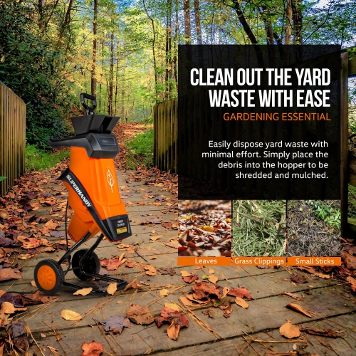 SuperHandy Wood Chipper Shredder Electric 1.5" Max Wood Capacity 17:1 Reduction 15A 1800W 120VAC Dual Edge Blades for Fire Prevention & Firebreaks