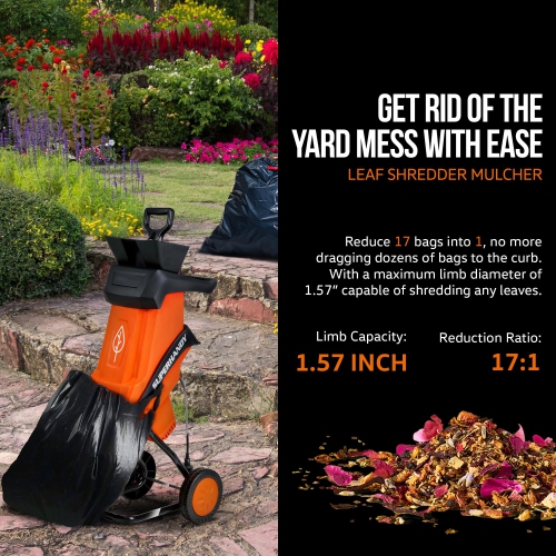SuperHandy Wood Chipper Shredder Electric 1.5" Max Wood Capacity 17:1 Reduction 15A 1800W 120VAC Dual Edge Blades for Fire Prevention & Firebreaks