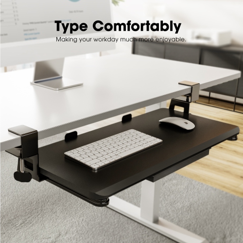 ENGE Under Desk Keyboard Tray Pull Out Keyboard Drawer Sturdy C Clamp Mount, 65 x 30cm Ergonomic Design with Pencil Case and Phone Holder, Black