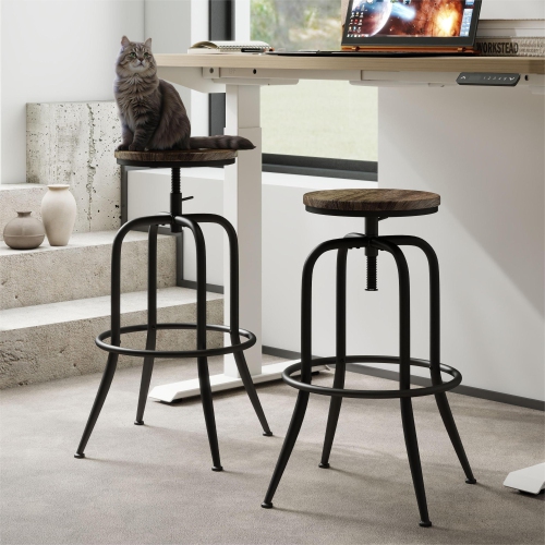 HOMY CASA  Set Of 2 Industrial Adjustable Patio Stools With Wood Seat And Metal Frame