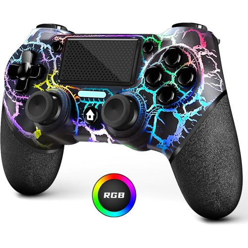 AceGamer Light-up Wireless Controller for PS4,Black Crack Custom Design with RGB Light,1000mah Battery, 3.5mm Audio Jack and Turbo Function,Compatibl