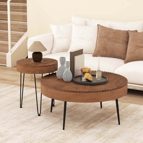 Costway Farmhouse Round Coffee Table Set of 2 End Table Natural Finish for Living Room Coffee/Natural