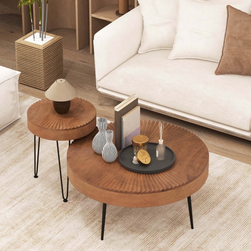 Costway Farmhouse Round Coffee Table Set of 2 End Table Natural Finish for Living Room Coffee/Natural