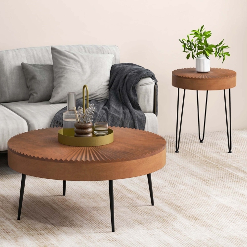 Costway Farmhouse Round Coffee Table Set of 2 End Table Natural Finish for Living Room Coffee/Natural