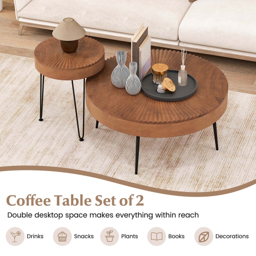 Costway Farmhouse Round Coffee Table Set of 2 End Table Natural Finish for Living Room Coffee/Natural