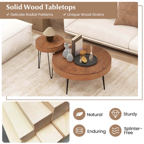 Costway Farmhouse Round Coffee Table Set of 2 End Table Natural Finish for Living Room Coffee/Natural