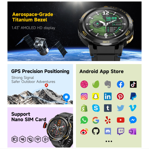 TUTT ZL1 Rugged Android AMOLED Smart Watch 4G SIM Card GPS | 2MP HD Camera | IP68 1 ATM | Mega Battery 800 mAh | 2GB-16GB ROM | Titanium Alloy