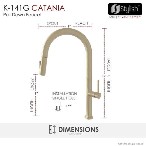 Stylish Catania Single-Handle Brushed Gold Pull Down Kitchen Faucet K-141G