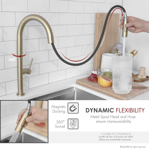 Stylish Catania Single-Handle Brushed Gold Pull Down Kitchen Faucet K-141G