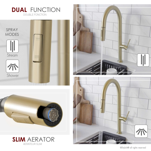 Stylish Catania Single-Handle Brushed Gold Pull Down Kitchen Faucet K-141G