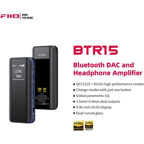 FiiO BTR15 Headphone Amps Bluetooth 5.1 Receiver High Resolution 384K/32Bit Native DSD256 USB DAC Supports LDAC/aptX HD/MQA for