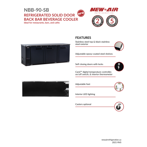 New Air NBB-90-SB Triple Solid Door 90″ Back Bar Refrigerator Cooler - 916 L / 32 Cu. Ft. - Ideal for Bars, Restaurants, Hotels & Cafés