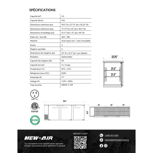 New Air NBB-90-SB Triple Solid Door 90″ Back Bar Refrigerator Cooler - 916 L / 32 Cu. Ft. - Ideal for Bars, Restaurants, Hotels & Cafés