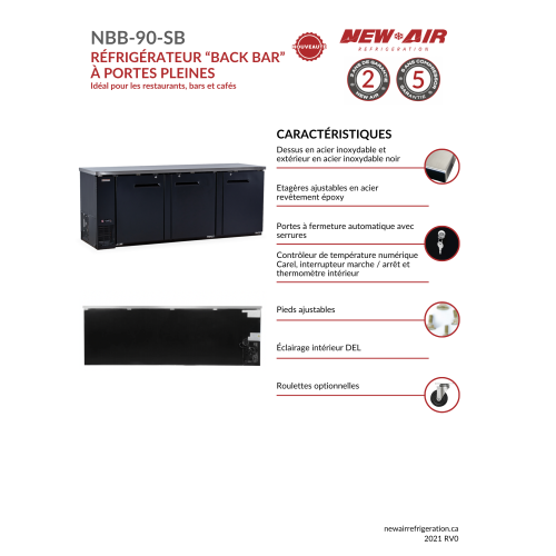 New Air NBB-90-SB Triple Solid Door 90″ Back Bar Refrigerator Cooler - 916 L / 32 Cu. Ft. - Ideal for Bars, Restaurants, Hotels & Cafés
