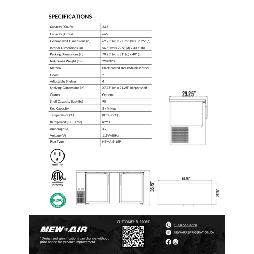 New Air NBB-69-SB Double Solid Door 69″ Back Bar Refrigerator Cooler - 665 L / 23.5 Cu. Ft. - Ideal for Bars, Restaurants, Hotels & Cafés