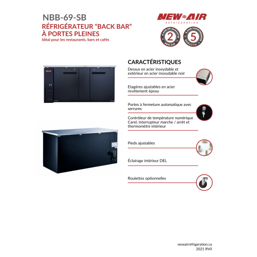 New Air NBB-69-SB Double Solid Door 69″ Back Bar Refrigerator Cooler - 665 L / 23.5 Cu. Ft. - Ideal for Bars, Restaurants, Hotels & Cafés