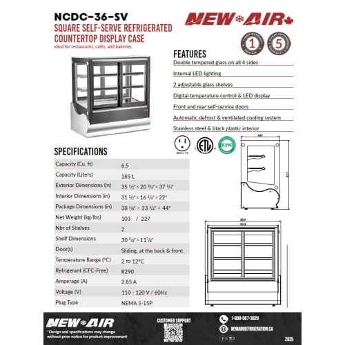 NEW AIR NCDC-36-SV Commercial Square 36" Self-Serve Refrigerated Countertop Display Case - Ideal for Restaurants, Cafés and Bakeries